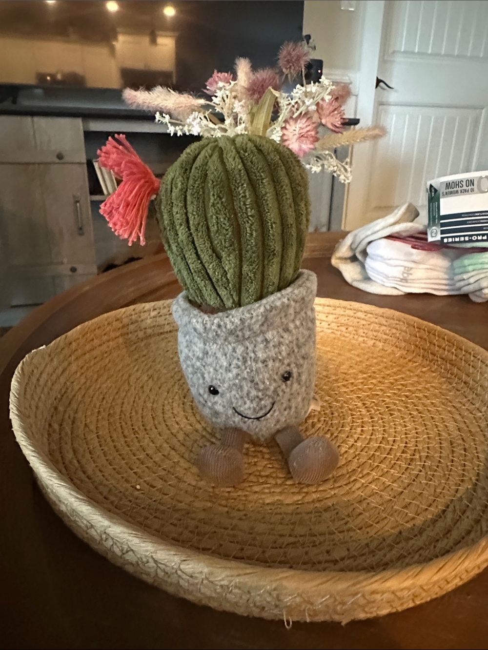 Jellycat Green Plush Cactus in Gray Planter with Pink Flower Accent